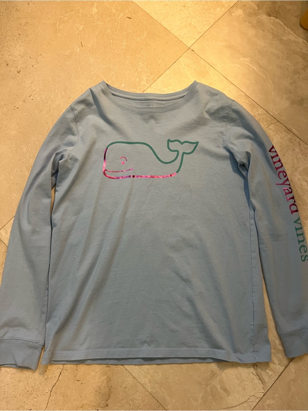 Vineyard Vines Light Blue Long Sleeve Tee with Pink Accent Whale